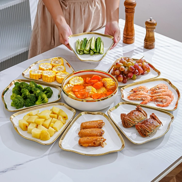 Wholesale Fan Shaped Gold Edge Ceramic Plate Combination Dinner Plate Minimalist Ceramic Tableware Set