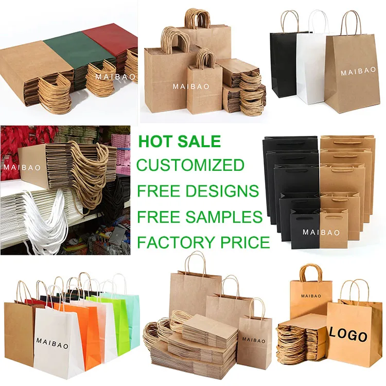 Бело-коричневая сумка для покупок с переплетенной ручкой из крафт-бумаги и напечатанным логотипом