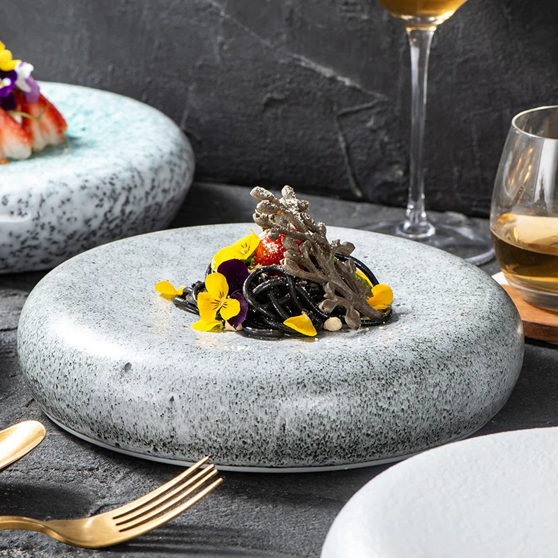 Керамическая тарелка для сашими в японском стиле с каменным узором Креативная тарелка для ужина Панси в форме барабана Десертная тарелка в западном стиле