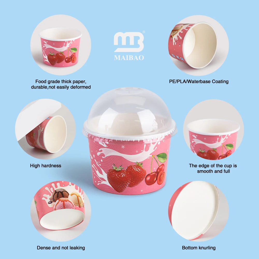 Напечатанный на заказ 4 унции 6 унций 8 унций биоразлагаемый бумажный контейнер для замороженного йогурта, одноразовая мягкая чашка для мороженого с мороженым и крышкой