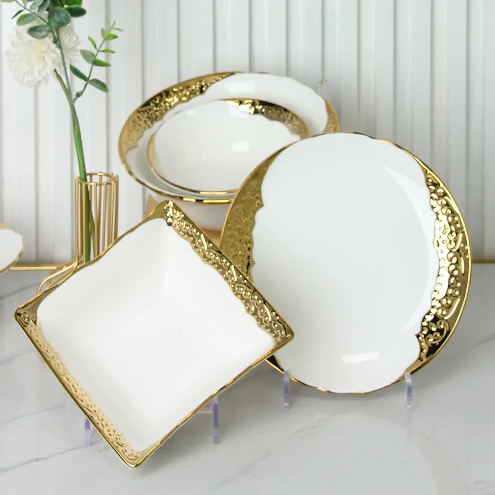 Gold Edged Ceramic Tableware Home Western Food Plate Steak Fruit Salad Bowl  Luxury Dinnerware Set Wedding Restaurant  Dishes