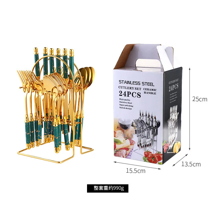 Luxury Tableware 24pcs Gold Flatware Cutlery Marble Ceramic Handle Stainless Steel Spoon Knife and Fork Set for Wedding