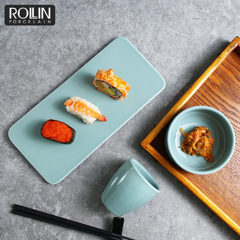 Производитель керамики Chaozhou, посуда для ресторана, керамический светло-голубой обеденный сервиз в японском стиле для ресторана