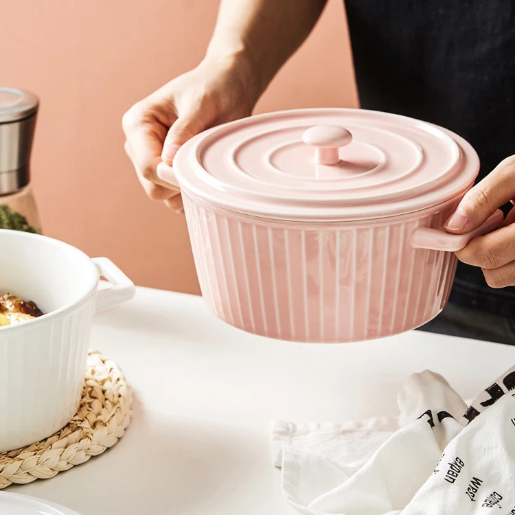 Оптовая продажа, фарфоровая миска, керамические сервировочные миски с крышкой, рисовый салат, лапша, макароны, миска для выпечки с ручками, набор столовой посуды