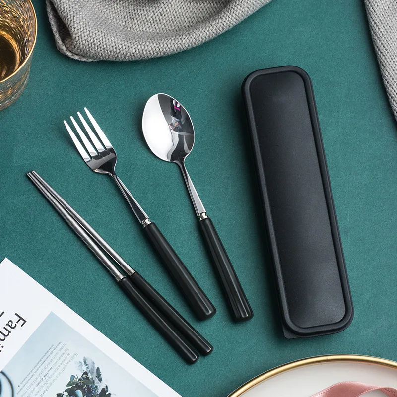 Children’s Portable Flatware Set Stainless Steel Cutlery with Ceramic Handle Includes Knife Fork Chopstick Storage Box