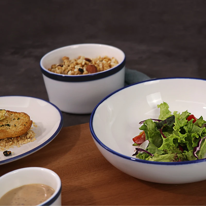 Оптовая продажа обеденная тарелка, белая, синяя керамическая посуда для шведского стола, современный 5-звездочный отель, фарфоровая посуда, тарелки для ресторана, тарелки для еды