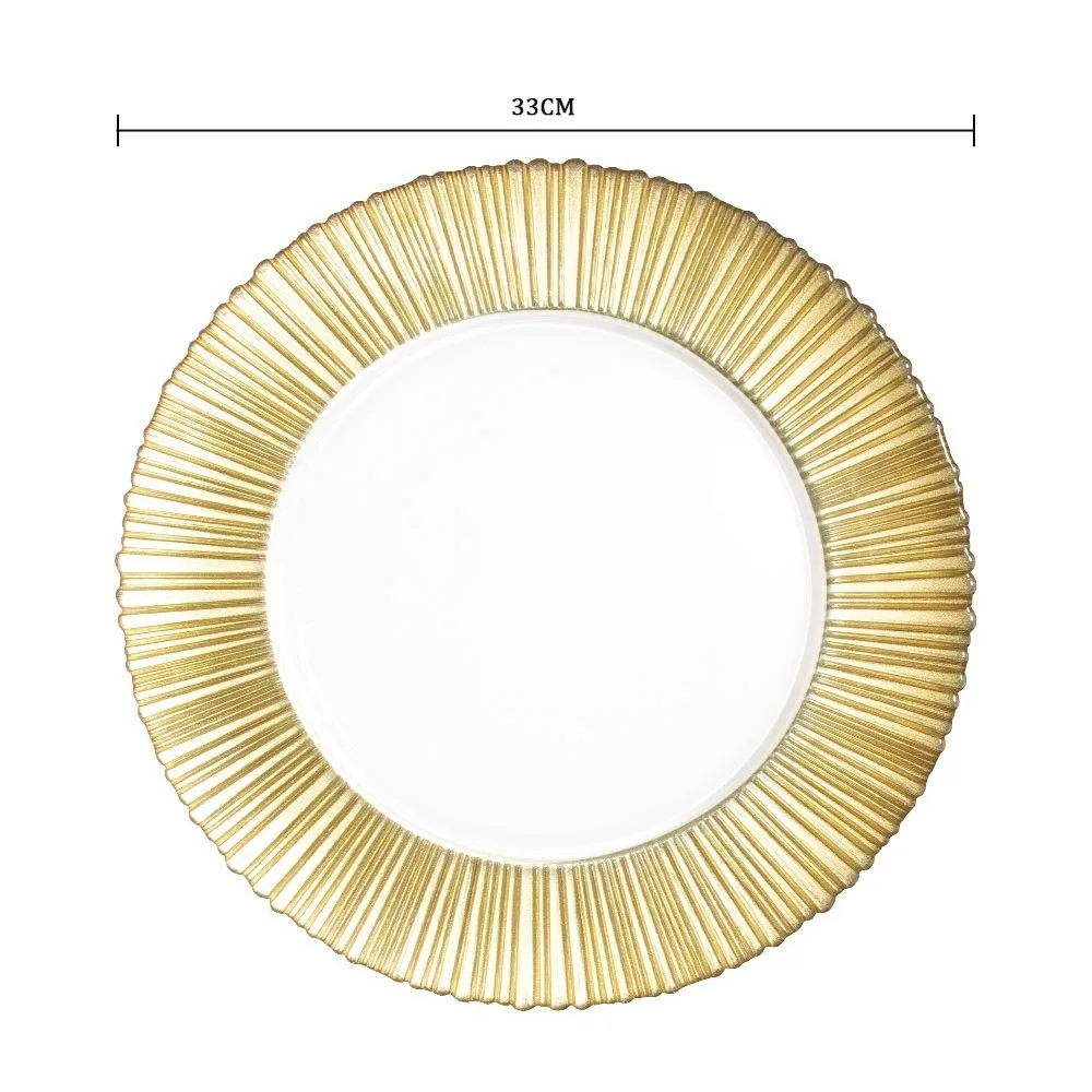 Оптовые стеклянные тарелки для ужина, золотые тарелки, дешевые декоративные тарелки для зарядного устройства, стеклянная позолоченная оправа для свадьбы