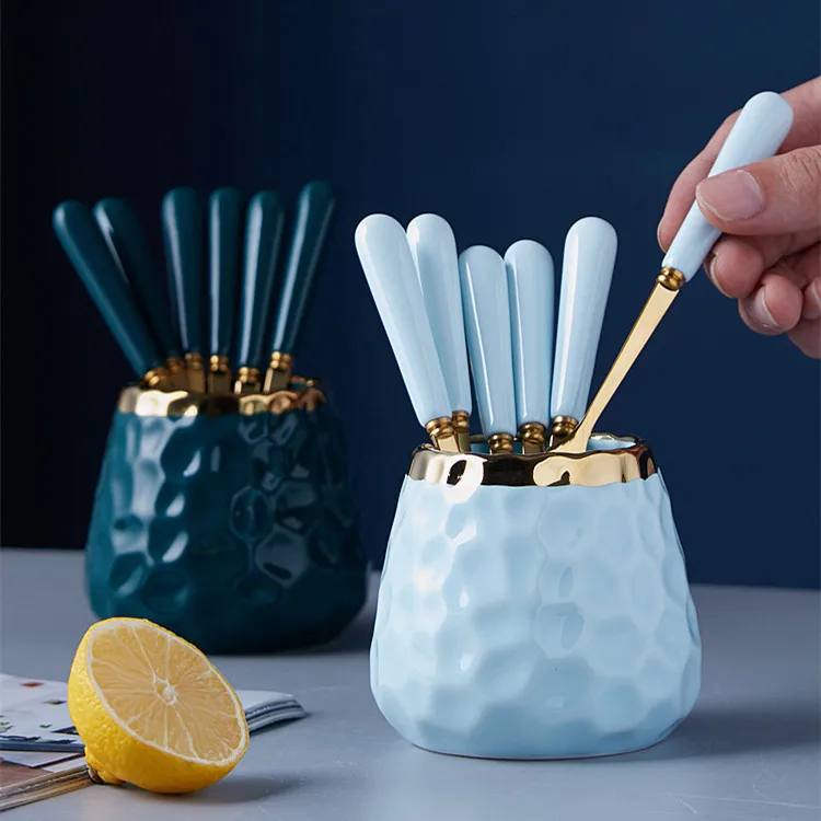 Gold Stainless Steel Cutlery Set Marble Ceramic Holder Ceramic Handle Flatware Dessert Fork Spoon