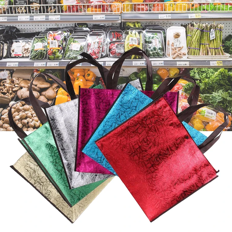 Устойчивая переработанная лазерная блестящая глянцевая металлическая фольга, нетканая сумка для покупок, многоразовая сумка для покупок, нетканая сумка для магазина Rpet