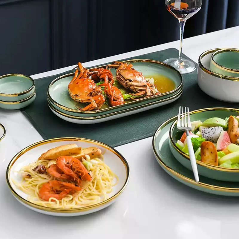 35-летний фабричный набор фарфоровых тарелок, набор столовой посуды, фарфоровый набор из зеленого золота, ресторан, супермаркет, керамические золотые тарелки