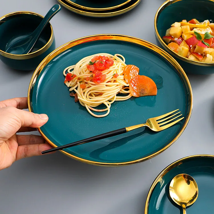 8 Inch 10 Inch European Gold Inlay Fruit Restaurant Square Plate Ceramic Food Dish Ceramic