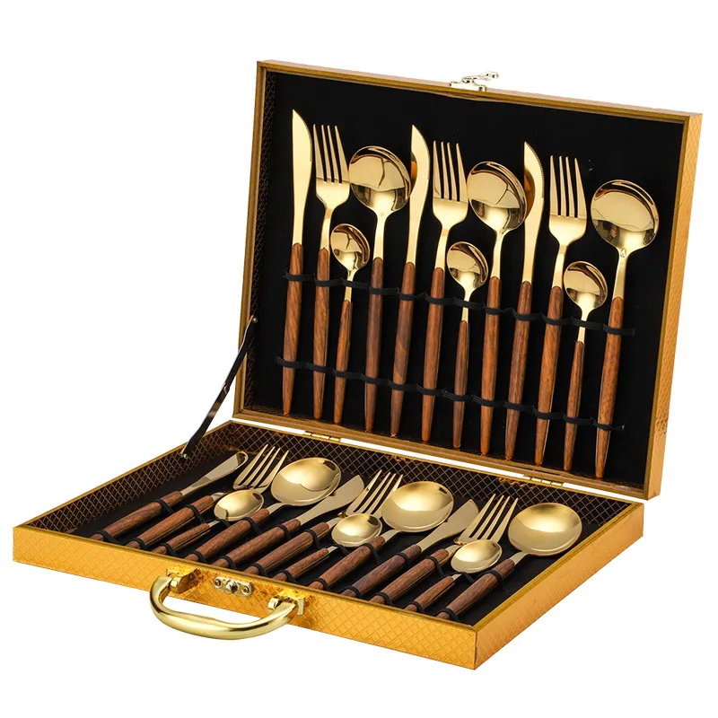 16/24PCS Stainless Steel European Western Steak Knife Fork Spoon Wood Handle Gift Set Cutlery Set