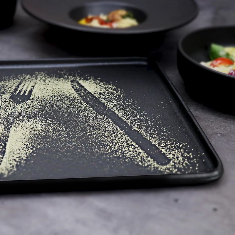 Фарфоровые тарелки ресторана обеденной тарелки для стейка квадратной формы нордической черной формы