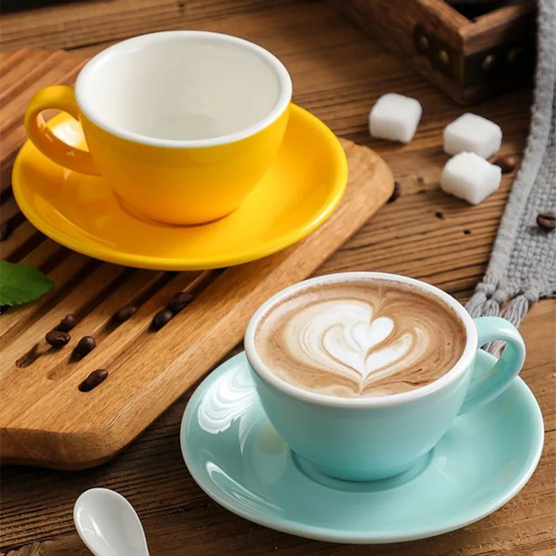 Customized Ceramic Mug Saucer Set Tea Water Colored Glazed Latte Cappuccino Cups Reusable Porcelain Espresso Mugs Printed Logo