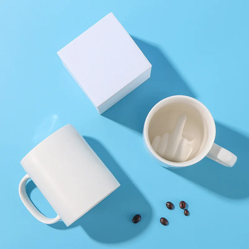 Funny White Ceramic Mug with Creative Middle Finger Design Novelty Style 300ml Water Cup Hot Sale!