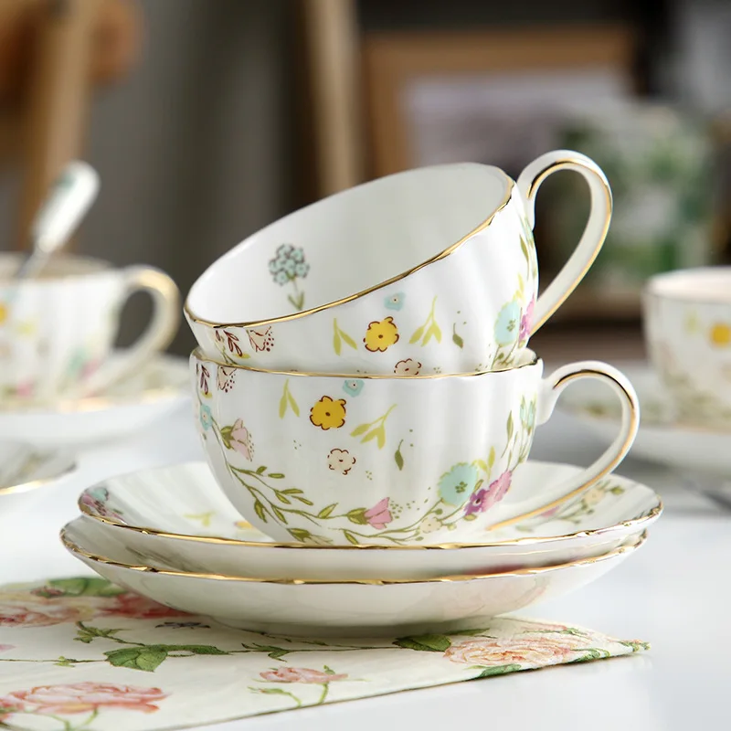 Nordic Pastoral Style Ceramic Tea Cup and Plate Set British Gold Edge Includes Spoon for Afternoon Tea Wholesale Supply