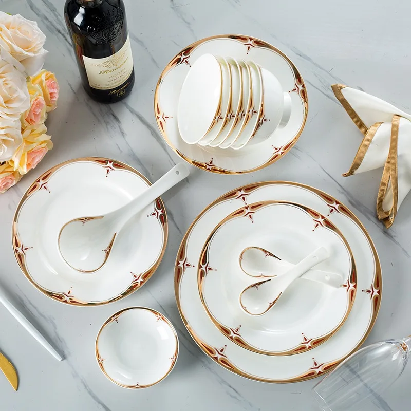 Household Simple Combination Gold Edge Bone China Tableware Bowls and Chopsticks Restaurant Dinner Ceramic Plate