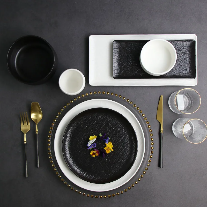 Оптовая продажа ресторанных тарелок, элитная керамическая посуда, черный набор столовой посуды, квадратный набор посуды