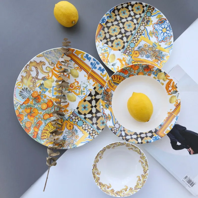Nordic Style Sicilian Series Ceramic Plate and Bowl  Colorful Art Tableware Combination Dinnerware Sets for Restaurant Household