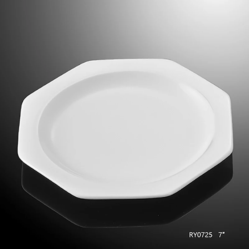 Керамическая тарелка для ресторана отеля, восьмиугольная тарелка, посуда для вечеринок, безопасная белая фарфоровая плоская шестиугольная обеденная тарелка