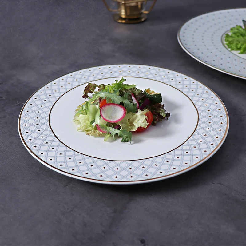 Набор для ужина в ресторане, тарелки с золотой оправой, тарелка для ужина и салата на косточке, посуда для ресторана, оптовая продажа, костяной фарфор