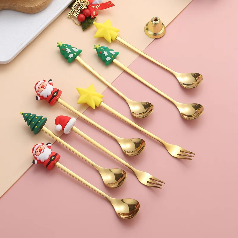Christmas Cartoon Cute Design Metal Spoon and Fork Set Sustainable  for Coffee Travel Camping Restaurant Use