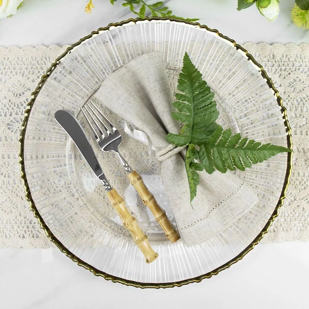 Оптовая продажа, свадебная вечеринка, изысканная круглая посуда, стеклянные обеденные тарелки, прозрачные тарелки с зарядным устройством из бисера, стекло