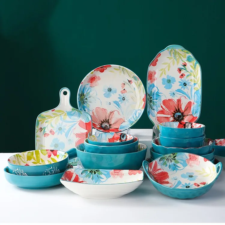 Wholesale Selling Floral Serving Dinner Plate Glazed Ceramic Dishes Soup Bowl