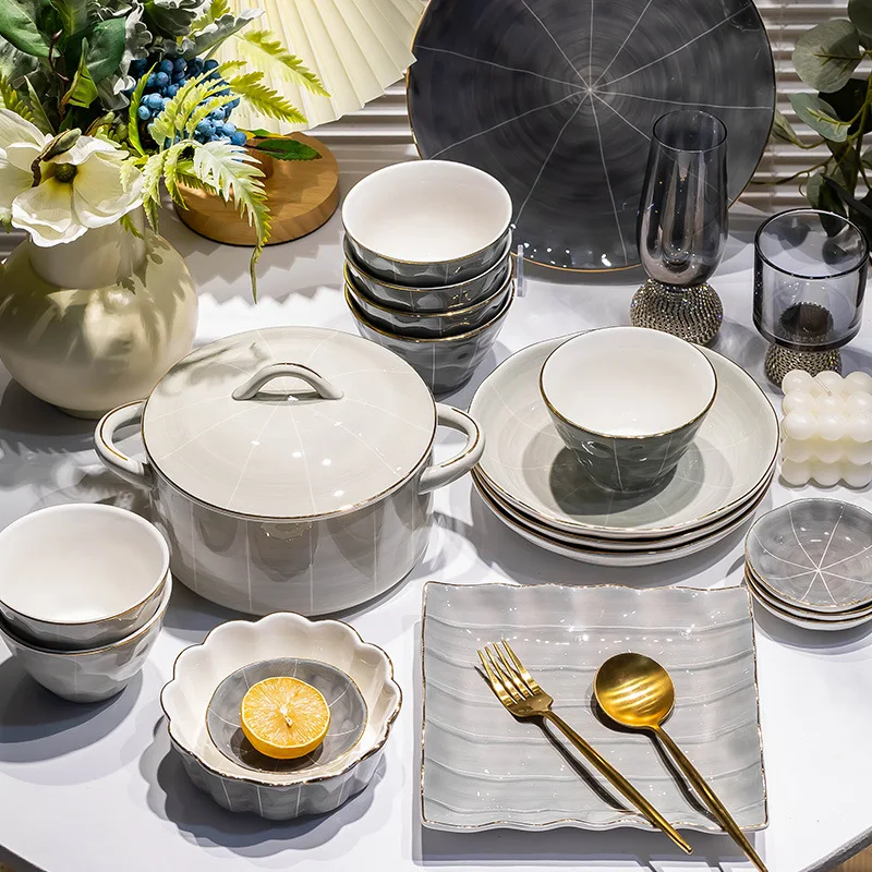 Nordic Style Dinnerware Sets Ceramic Household Under Glazed Color Wholesale Tableware Thickened Rice Bowls Gold Edged Set