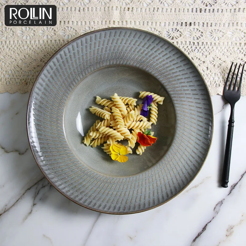 Серые фарфоровые суповые тарелки для печи, тарелки для макаронных изделий для отелей и ресторанов