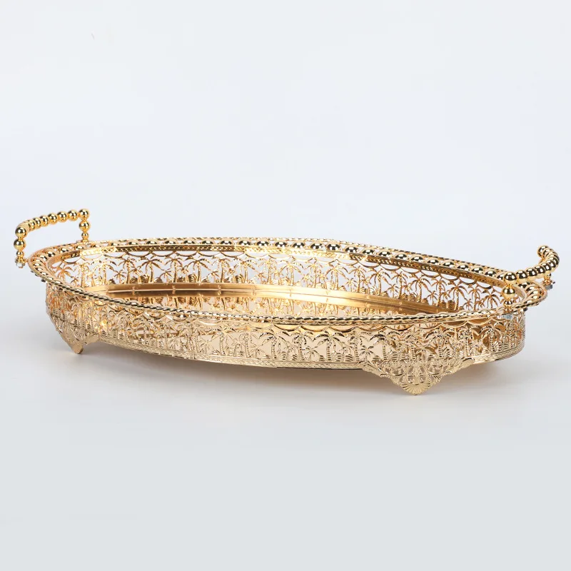Luxury Retro Iron Art Hollowed Out Pattern Long Tray Oval Storage Container With Handle Fruit Snack Metal Tray