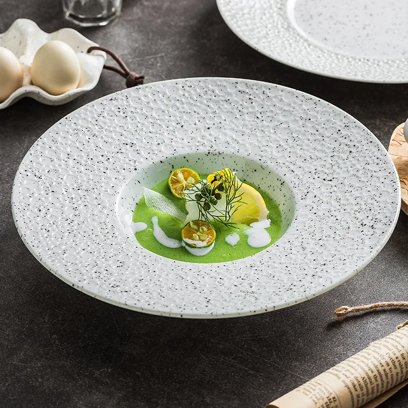 Embossed Meteorite Pattern Restaurant Round Ceramic Serving Deep Dish Salad Soup Porcelain White Dinner Plates