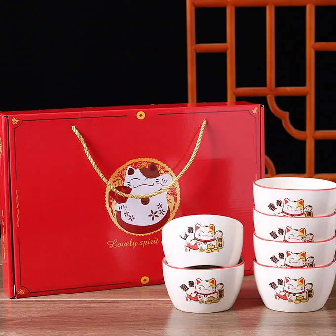Wholesale Business Gift Wedding Activity Lovely Kitten square Bowl Custom Ceramic Bowl Set With Box Luxury Tableware Set