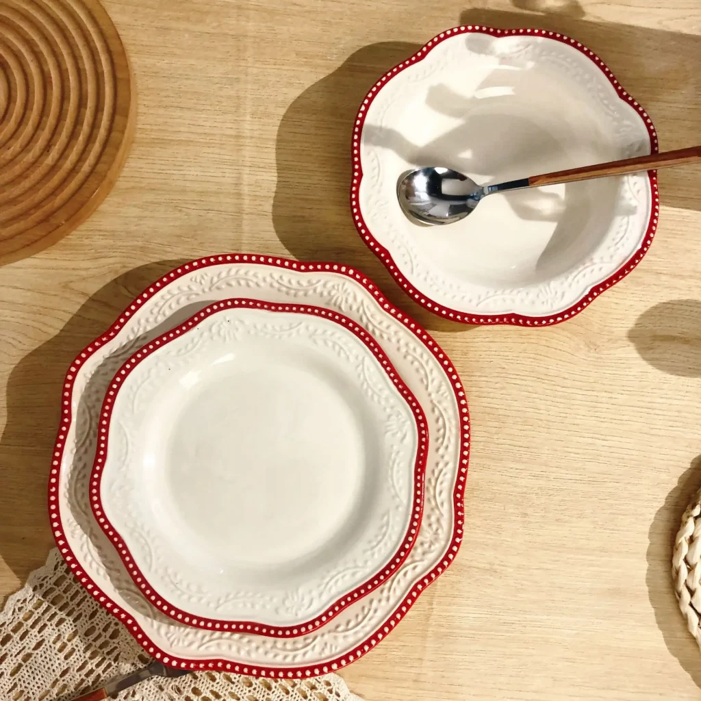 Vintage European Embossed Lace Edge Dinner Plate White Porcelain Dessert Dishes Plate