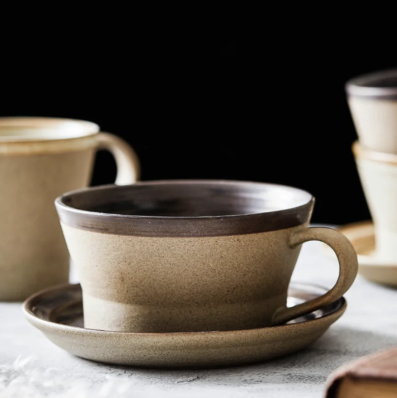 Wholesale Handmade Custom Vintage Ceramic Coffee Cup Set With Saucer Pottery Cup Coffee Mugs Sets