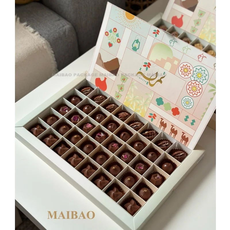 Изготовленная на заказ рекламная OEM экологически устойчивая упаковка для пищевых продуктов, вертикальная дата для Рамадана, Дубай, украшенная роскошная подарочная коробка для шоколада и даты