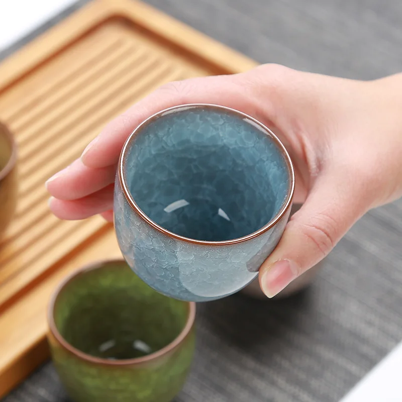 Ceramic Marbling Coffee Cup Kiln Change Ice Cracking Glaze Kungfu Tea Cup Set With Gift Box