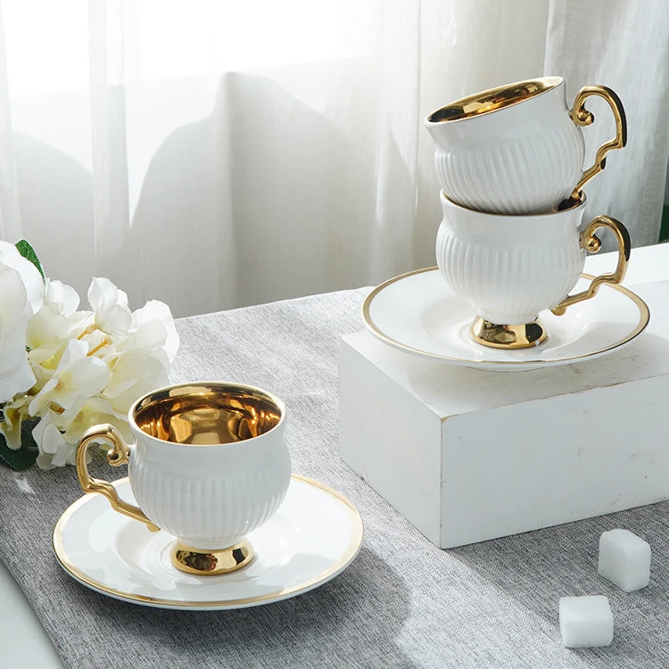6 Cups Gold Plated Middle East Ceramic Cup and Saucer Cafe Afternoon Tea Creative Gift Coffee Arabian Coffee Cups