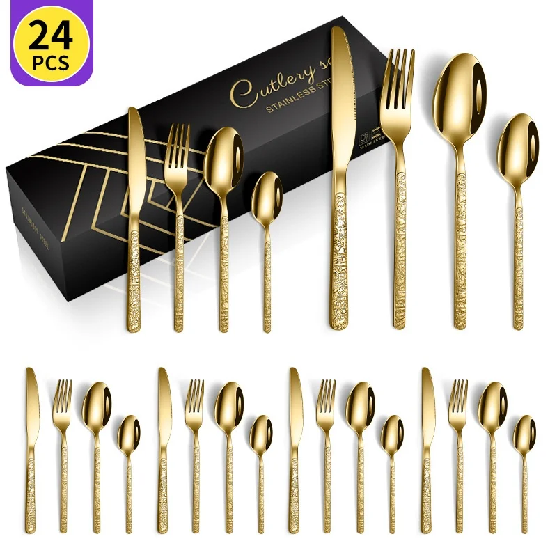 Столовые приборы, 24 шт., позолоченный блок, высококачественный нож, вилка, ложка из нержавеющей стали, набор со стильной подарочной коробкой для вечеринок