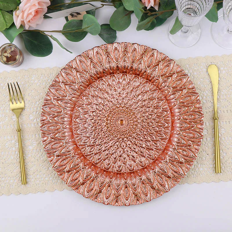 Прозрачная стеклянная посуда Дешевая оптовая продажа свадебного стекла Дизайнерские золотые зарядные пластины