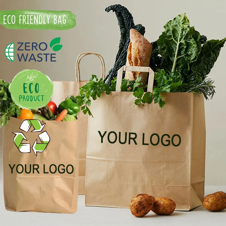 Бумажные пакеты для овощей с принтом на заказ для супермаркета, 100% биоразлагаемый простой коричневый бумажный пакет для продуктов из крафт-бумаги без ручек