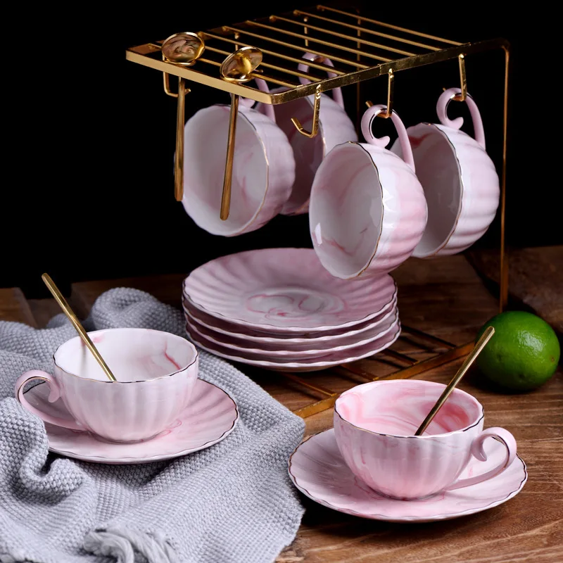 Nordic Coffee Gift Simple Afternoon Tea Marbled Color Pumpkin Cup and Saucer Ceramic Customizable Coffee Cup