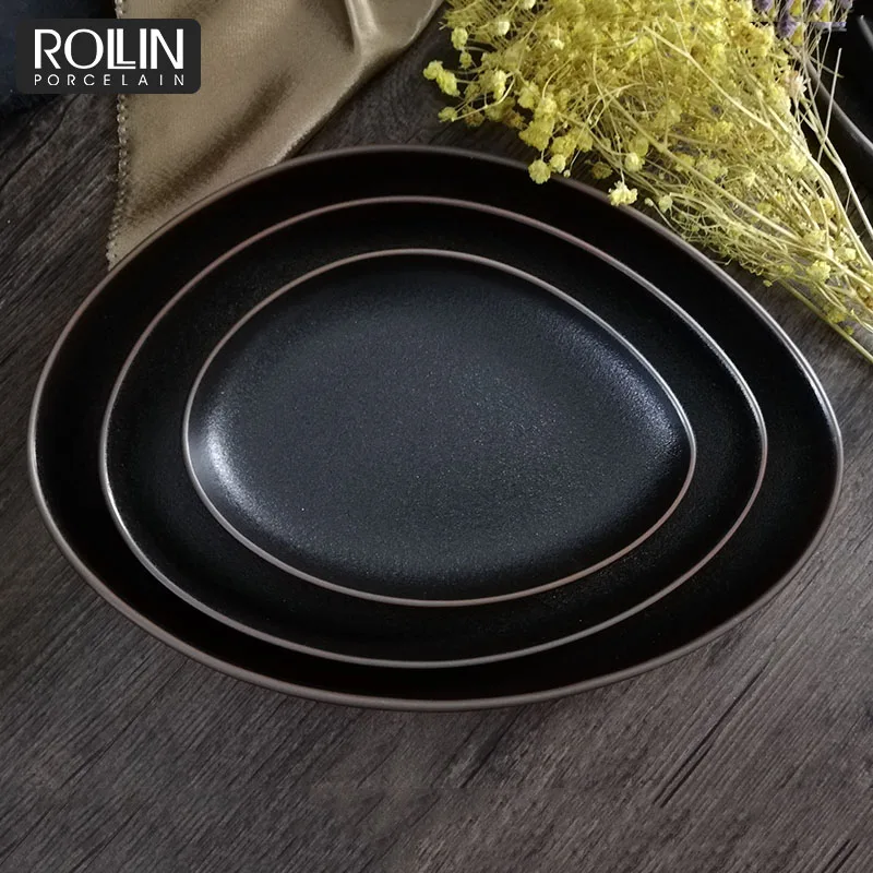 Принадлежности для ресторана Черная тарелка Матовая круглая 10-дюймовая круглая обеденная тарелка Сланцевая тарелка для стейка Керамическая посуда для ресторана