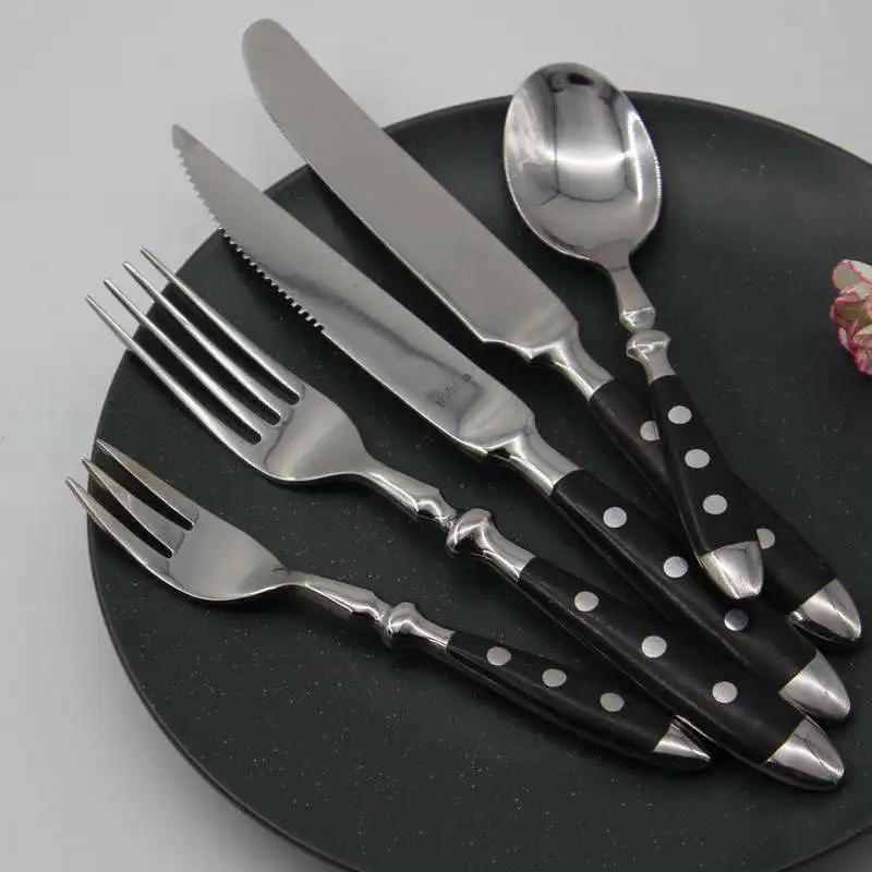 European Design Flatware Set Bakelite Wooden Handle Stainless Steel Knife Fork Spoon for Parties Modern Style Sustainable