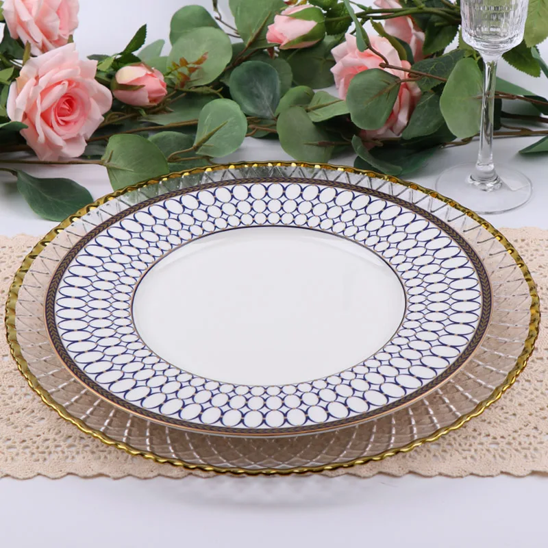 Стеклянная зарядная тарелка с золотой оправой, свадебное украшение, посуда, стеклянная зарядная тарелка с цветочным рисунком, роскошная посуда, посуда для ресторана