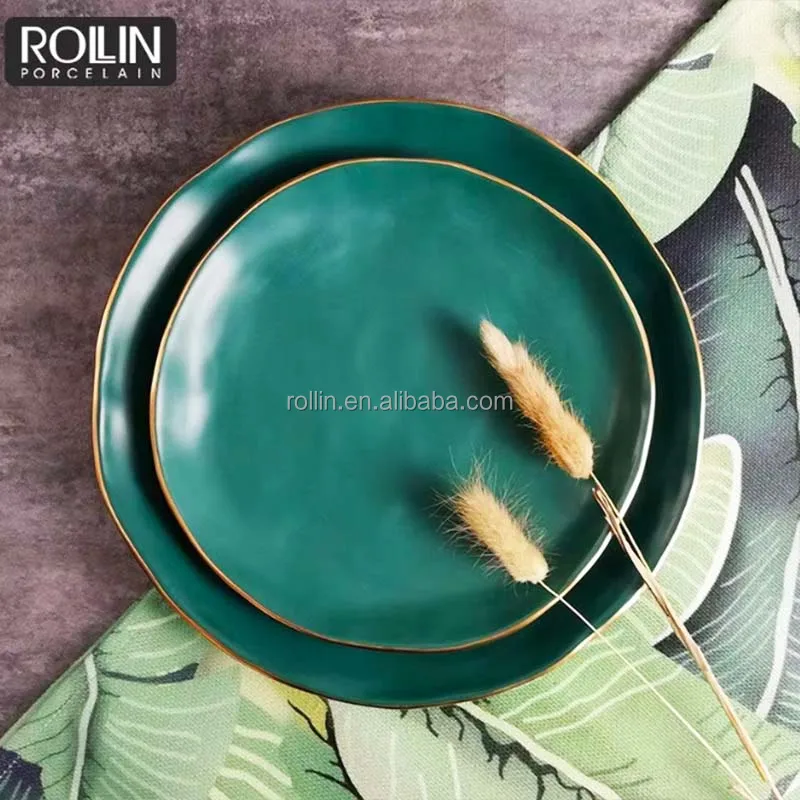 Оптовая продажа тарелок, посуда, заводская цена, новый дизайн, зеленый цвет, глазурованный керамический обеденный набор посуды, зеленые фарфоровые глубокие тарелки