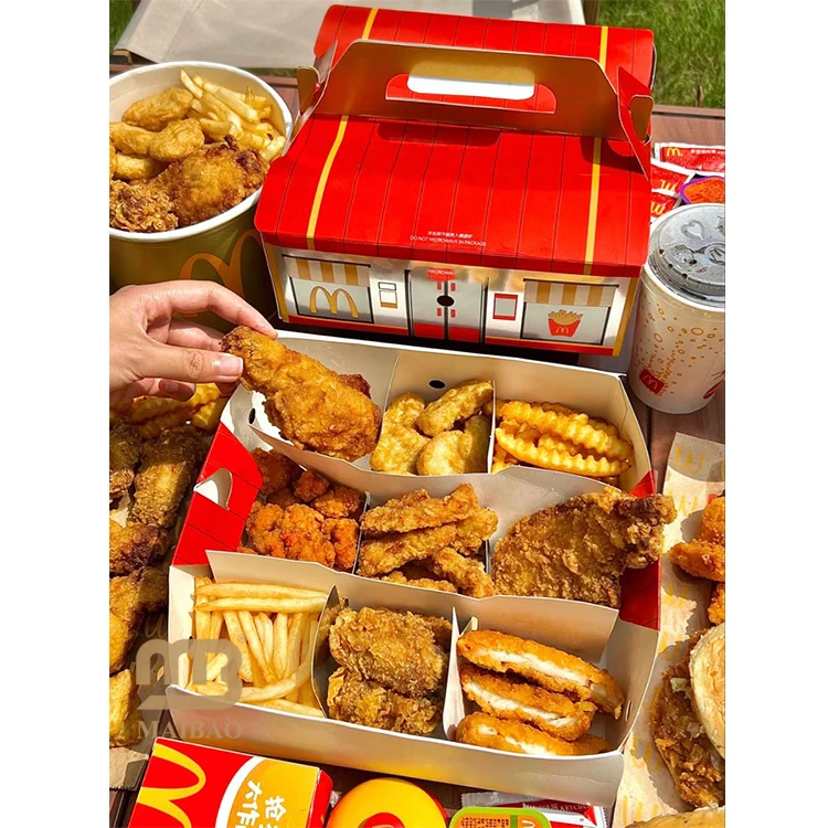 Изготовленная на заказ детская вечеринка Happy Meal Treat Box Упаковка для фаст-фуда Коробка для гамбургеров на вынос Упаковочная коробка с крылышками жареной курицы и картофеля фри
