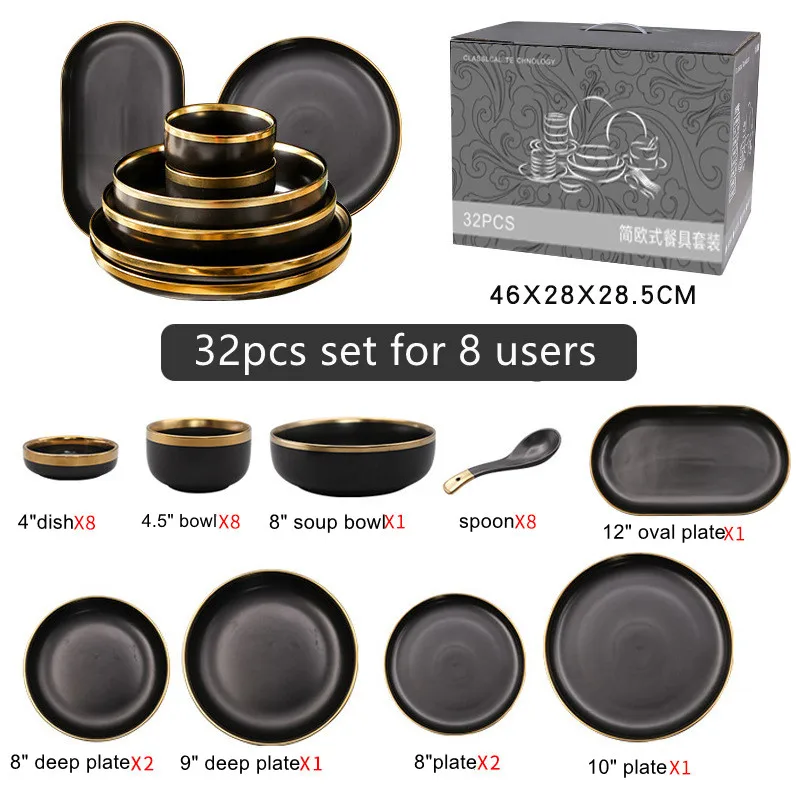 Luxury Gold Rim Porcelain Dinnerware Set Black Green Tableware with Ceramic Soup Bowls and Plates for Wedding Gifts