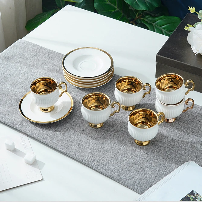 6 Cups Gold Plated Middle East Ceramic Cup and Saucer Cafe Afternoon Tea Creative Gift Coffee Arabian Coffee Cups