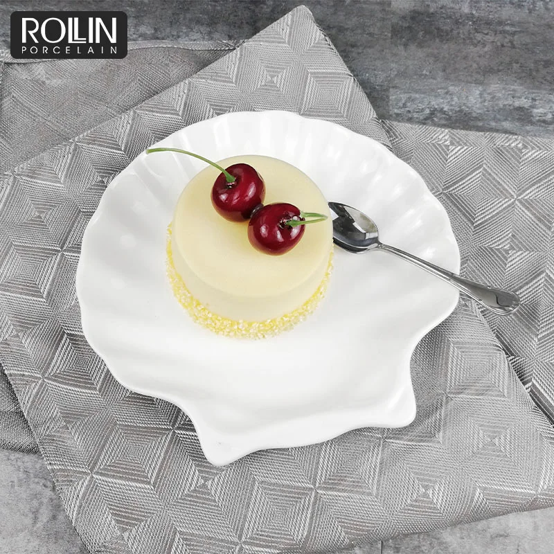 Оптовая продажа, белый гребешок, фарфоровая керамическая безопасная тарелка в форме ракушки, белая керамическая посуда, керамическая посуда в форме ракушки